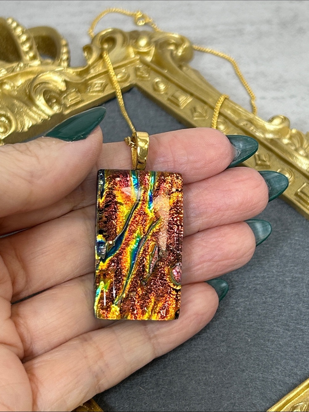 Gorgeous Gold Necklace with Multicolor Dichroic Glass Rectangle Pendant